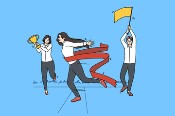 Motivated female employee feel euphoric cross finish line reach business goal. Excited woman worker achieve career target or aim. Way to victory. Winner and success. Vector illustration. 