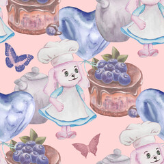 Seamless pattern funny dog chef in uniform. A painted pet cooks a blueberry pie. A cartoon animal cook in a hat and apron invites guests. Infinitely repeating watercolor drawing for printing on fabric