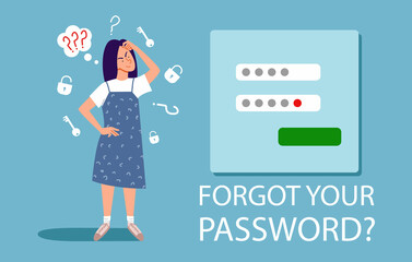 The woman forgot her personal data. the concept of a forgotten password, account protection, danger warning, incorrect password. Vector illustration in a flat style.