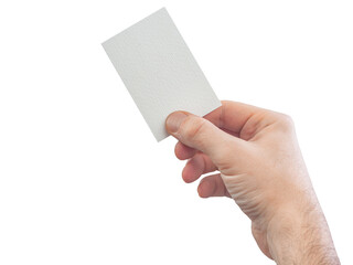 hand holding business card, isolated on white