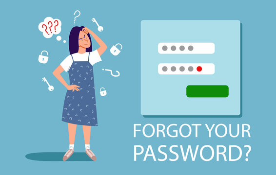 The Woman Forgot Her Personal Data. The Concept Of A Forgotten Password, Account Protection, Danger Warning, Incorrect Password. Vector Illustration In A Flat Style.