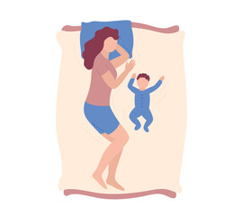 Mother and baby sleeping together. Co-sleep of mom and little child. Woman and newborn baby lying on bed. Bedtime routine. Flat vector illustration