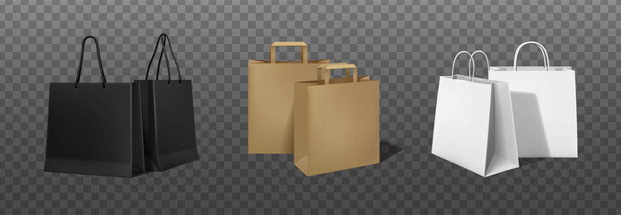 3d realistic vector icon. White, black and brown carton shopping bags. Isolated on transparent background.