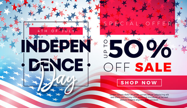 Fourth of July. Independence Day Sale Banner Design with American Flag and Falling Star Shape Confetti on Light Background. USA National Holiday Vector Illustration with Special Offer Typography