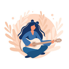 Fototapeta na wymiar Girl with long hair plays the guitar on a contrasting abstract background. Illustration, vector, design