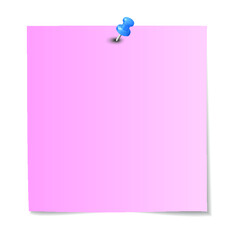 Pink paper note with blue pushpin isolated on a white background