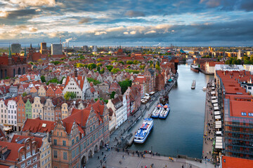 Aerial view of the beautiful Gdansk city at sunset, Poland