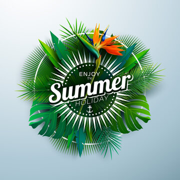 Tropical Summer Holiday Design with Toucan Bird and Parrot Flower on Light Background. Vector Typography Illustration with Exotic Palm Leaves and Phylodendron for Banner, Flyer, Invitation, Brochure