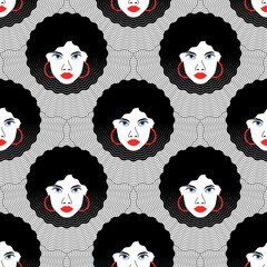 African girl head with red lips and afro hairstyle abstract seamless pattern vector illustration for beauty salon