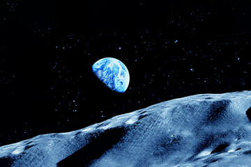View from the Moon to the Earth, in open space. Elements of this image furnished by NASA