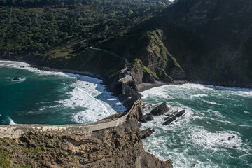 View of the bridge to San Juan de Gaztelugatxe island from above. Biscay Bay, Spain