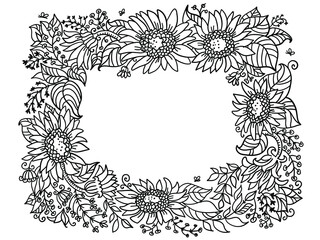 Sunflower frame decor elements. Vector line drawing of sunflowers frame isolated on white for greeting card or print