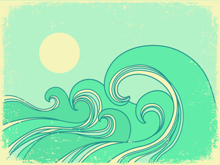 Fototapeta na wymiar Nature landscape abstract with Sea waves vintage horizone seascape. Sea minimalist modern line art blue landscape illustration poster background