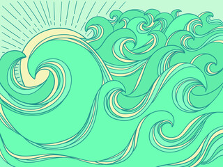 Nature landscape abstract with Sea waves vintage horizone seascape. Sea minimalist modern line art blue 
landscape illustration poster background