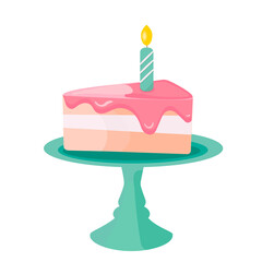 Birthday cake slice vector illustration. А piece of cake with pink glaze cream and with candle.