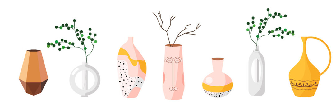 Set of multicolored vases in cartoon style. Vector illustration of fashion vases in different forms for apartment interiors.