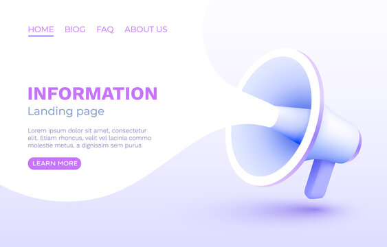 Megaphone landing page banner information, business communication. Vector