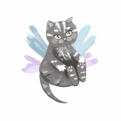 Little cute gray kitten with green eyes. Kitten with wings. Delicate children's print. For printing on postcards, covers, clothing. Hand drawn. Illustration on a white background.