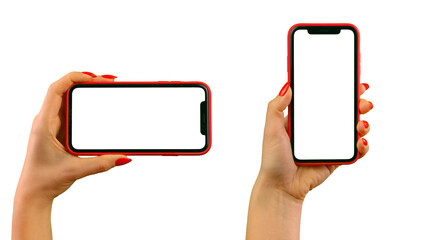 Set of a female hands with red nails holding red smartphone with a white screen on a white isolated background. Poster, blank advertising banner, layout for advertising, place for your text.
