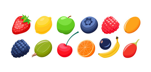 Set of different fruits and berries in circle flat vector style. Collection of sweet fruits. Orange, banana, apple, lemon. Strawberry, raspberry, blueberry, gooseberry, currant.	