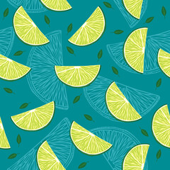 Pattern with lime slices and leaves on blue background
