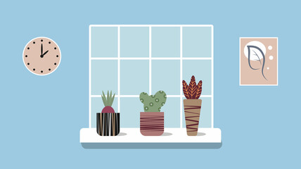 Flowers in pots on the windowsill. Interior illustration with house plants on the window. Vector illustration. For use in books, brochures, covers, gardening and flower shops, advertising flyers and