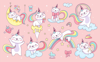 Flat vector illustration of cute white unicorn cats. Funny caticorn on clouds, rainbow and moon. Funny magic kitty characters with colorful tail. Kitten set with bow, flower, srats, sweets and coffee.