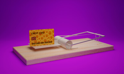 3d illustration, mousetrap and credit card, money trap concept, fuchsia background, 3d rendering