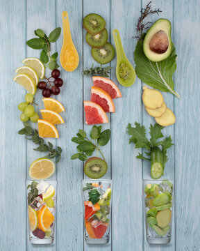 Smoothie colored composition with three set and recipes of smoothie