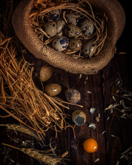 Fresh quail eggs on a brown wooden table. Raw quail eggs close-up.