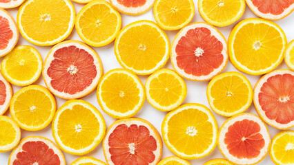 Fruity summer citrus background. Oranges, grapefruit and kiwi sliced on a white background
