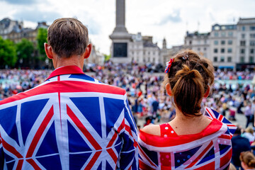 Couple dressed in Union Jack outfits the Queens Platinum Jubilee Celebrations