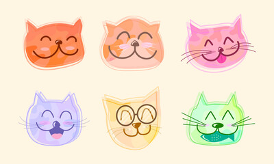 Collection pack of vector hand drawn illustrations of happy cat faces with vibrant colors