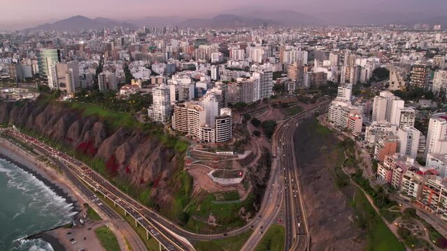 Hyperlapse of Lima, Peru at sunset along the edge of Miraflores and Barranco districts