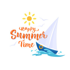 Fototapeta na wymiar Summer lettering with sun, seagulls and sailboat on the waves. Vector color isolated illustration in flat style 