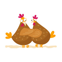 Two funny hens is sitting on the fence. Cartoon vector isolated illustration in flat style.