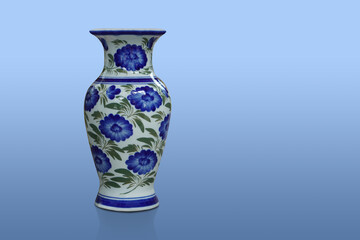 white and blue ceramic vase on blue background, plant, nature, decor, fashion, copy space