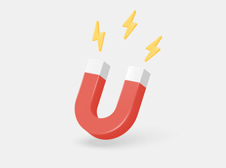 3d red magnet and lightning for attraction on a white background. magnet concept for business investment, income and financial savings, money making. 3D render of vector illustration - obrazy, fototapety, plakaty