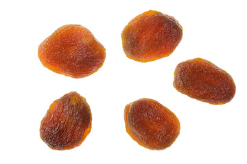 Set of dried apricots isolated on white background, top view.