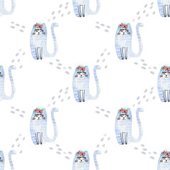Seamless pattern with a watercolor illustration of a white cat with an anemone wreath on its head.