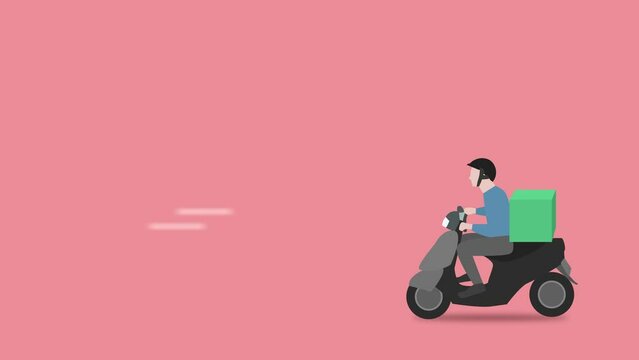 animation of delivery man on motorcycle on pink background