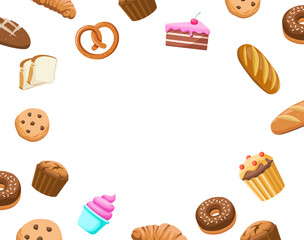 Bakery banner with products and desserts background. Bakery poster with pattern with flat vector illustrations. Desserts background.	