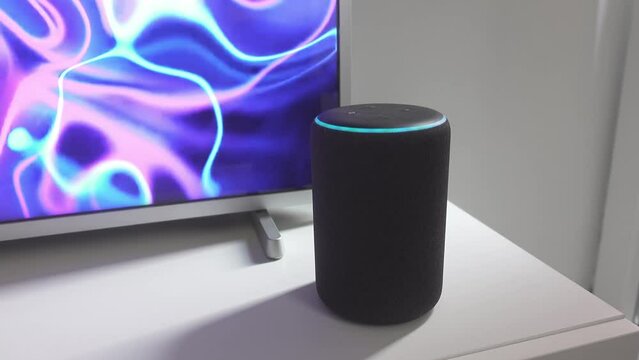 Activate speaker. Smart home vocal assistant in a modern house.