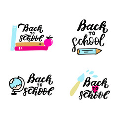 School motivational quote with doodle pencil, book, globe, art brush. School quote hand lettering. Back to school quotes for stickers, posters, wall art, t shirt.