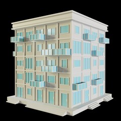 White House, modern style, 5-floor model. Architecture Made from paper, low poly perspective 3d rendering. Blue windows and doors.	