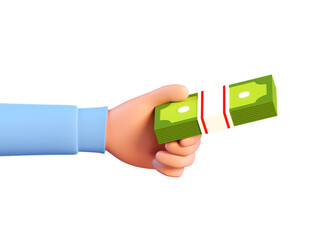 Fototapeta premium 3d hand holds out wad of cash. Cartoon hand holding stack of dollar bills. 3d illustration. 3d render.