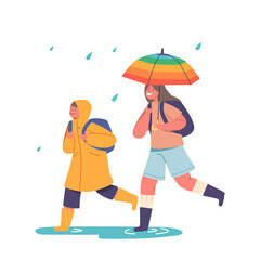 Happy Kids Run under Umbrella, Boy in Raincoat and Girl Characters with Backpacks Walking at Rainy Weather to School