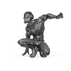 futuristic astronaut is crouched ready to jump in white background