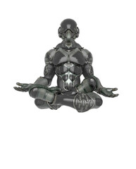 futuristic astronaut is floating and meditating doing yoga in white background