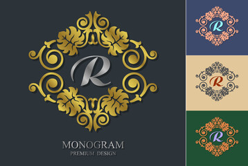 Monogram design elements ornamental frame. Vintage ornament greeting card vector template. Retro wedding invitation, advertising or other design and place for text